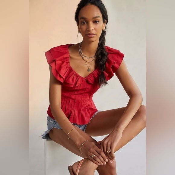 Anthropologie Forever that Girl Pintucked Ruffle Blouse Medium - Picture 2 of 8